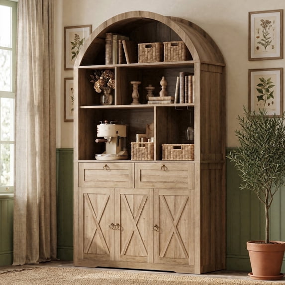 LAZZO 75” Arched Pantry Cabinet, Farmhouse Storage Cabinet with Built-In Power Strip, Anti-Tip Device and Open Shelves, Natural Wood