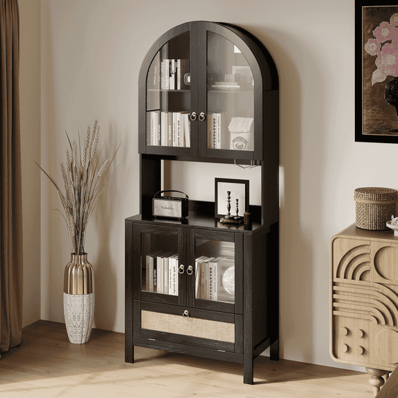 LAZZO 75" Arched Pantry Cabinet with Glass Door & Drawer, Storage Cupboard with Anti-Tipping Device, Black