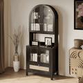 LAZZO 75" Arched Pantry Cabinet with Glass Door & Drawer, Storage Cupboard with Anti-Tipping Device, Black