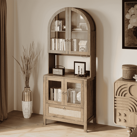LAZZO 75" Arched Pantry Cabinet with Glass Door & Drawer, Storage Cupboard with Anti-Tipping Device, Natural Wood Color