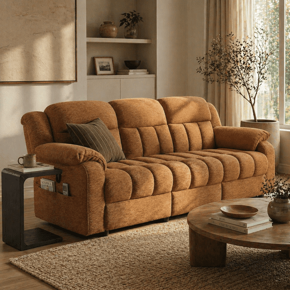LAZZO 76.5" Power Reclining Sofa, 3-Seater Home Theater Couch with Adjustable Backrest & Storage Pockets, Brown