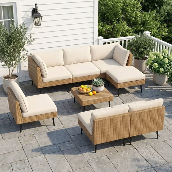 LAZZO 8-Piece Outdoor Wicker Conversation Set, All-Weather Sectional Sofa with 6 Chairs & 2 Ottomans, Beige Cushions