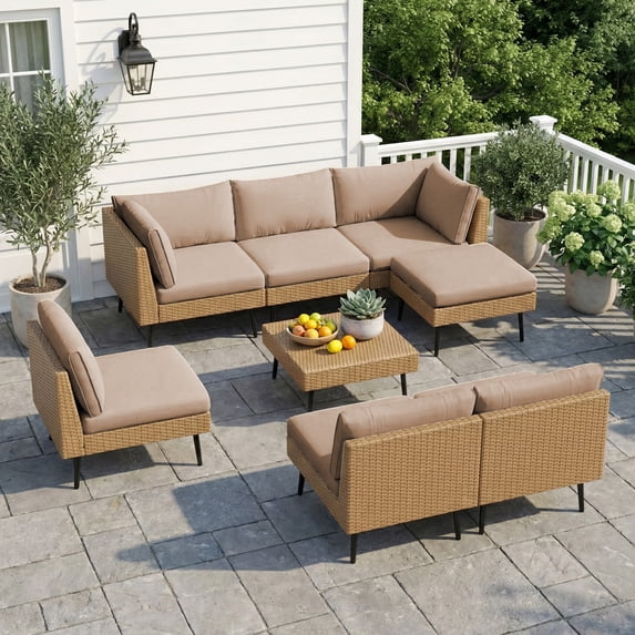 LAZZO 8-Piece Outdoor Wicker Conversation Set, All-Weather Sectional Sofa with 6 Chairs & 2 Ottomans, Khaki Cushions