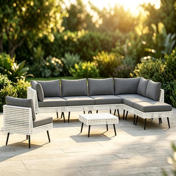 LAZZO 8-Piece Patio Conversation Set, All-Weather Wicker Outdoor Furniture Set with 6 Chairs and 2 Ottomans, Gray