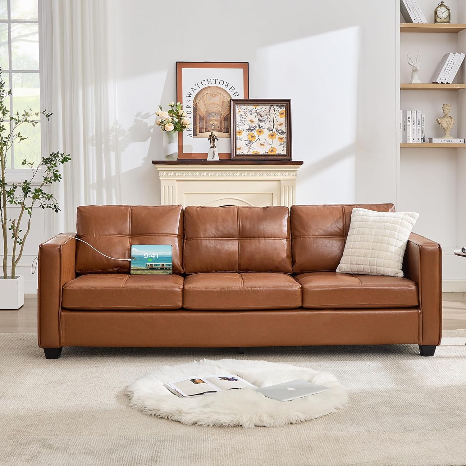 LAZZO 80" Couch with USB Ports and Side Pockets, 3-Seater Faux Leather Sofa for Living Room and Office, Brown