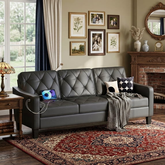 LAZZO 83" 3-Seater Couch, Faux Leather Tufted Design with High-Resilience Foam for Living Room and Office, Black