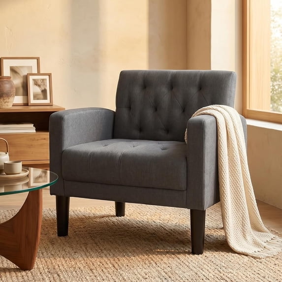 LAZZO Accent Chair, Mid-Century Modern Linen Tufted Armchairs for Living Room and Office, Dark Gray