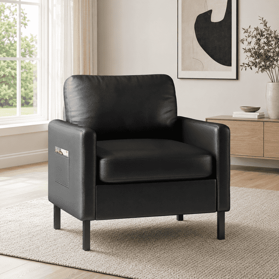 LAZZO Accent Chair, Faux Leather Upholstered Armchair for Living Room, Bedroom and Apartment, Black