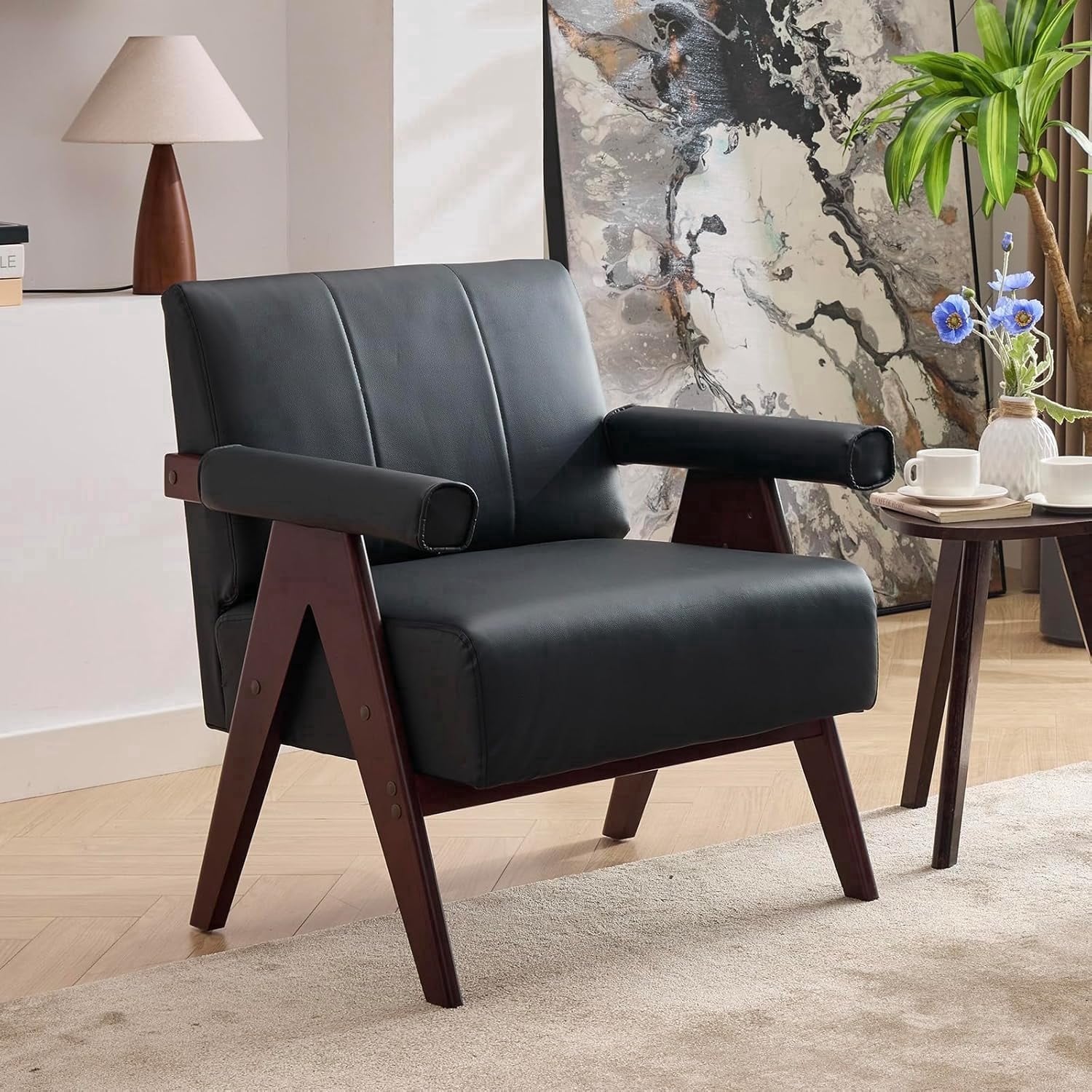 LAZZO Accent Chair, Mid-Century Modern Leather Armchair, Single Lounge Chair for Living Room & Lobby Waiting Area, Black