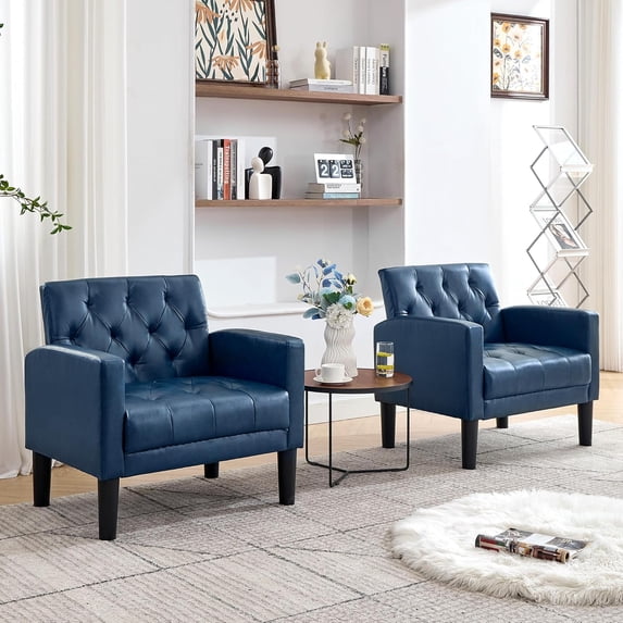 LAZZO Accent Chair Set of 2, Mid-Century Modern Leather Tufted Armchairs for Living Room and Office, Blue