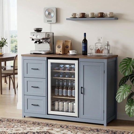 LAZZO 52" Bar Cabinet with Mini Fridge Space, Power Outlet, Drawer and Adjustable Shelves for Kitchen and Dining Room, Blue
