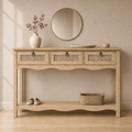 LAZZO 47.3" Boho Rattan Console Table with 3 Drawers and Open Shelf, Narrow Entryway Sofa Table for Living Room, Hallway and Behind Couch, Natural Wood Finish