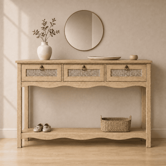 LAZZO 47.3" Boho Rattan Console Table with 3 Drawers and Open Shelf, Narrow Entryway Sofa Table for Living Room, Hallway and Behind Couch, Natural Wood Finish