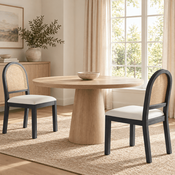 LAZZO Dining Chairs Set of 2, Farmhouse Upholstered Rattan Chairs with Chenille Seat for Kitchen Dining Room, Black