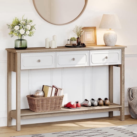 LAZZO 51“ Boho Rattan Console Table, Narrow Entryway Table with 3 Drawers & Open Shelf, Brown and white
