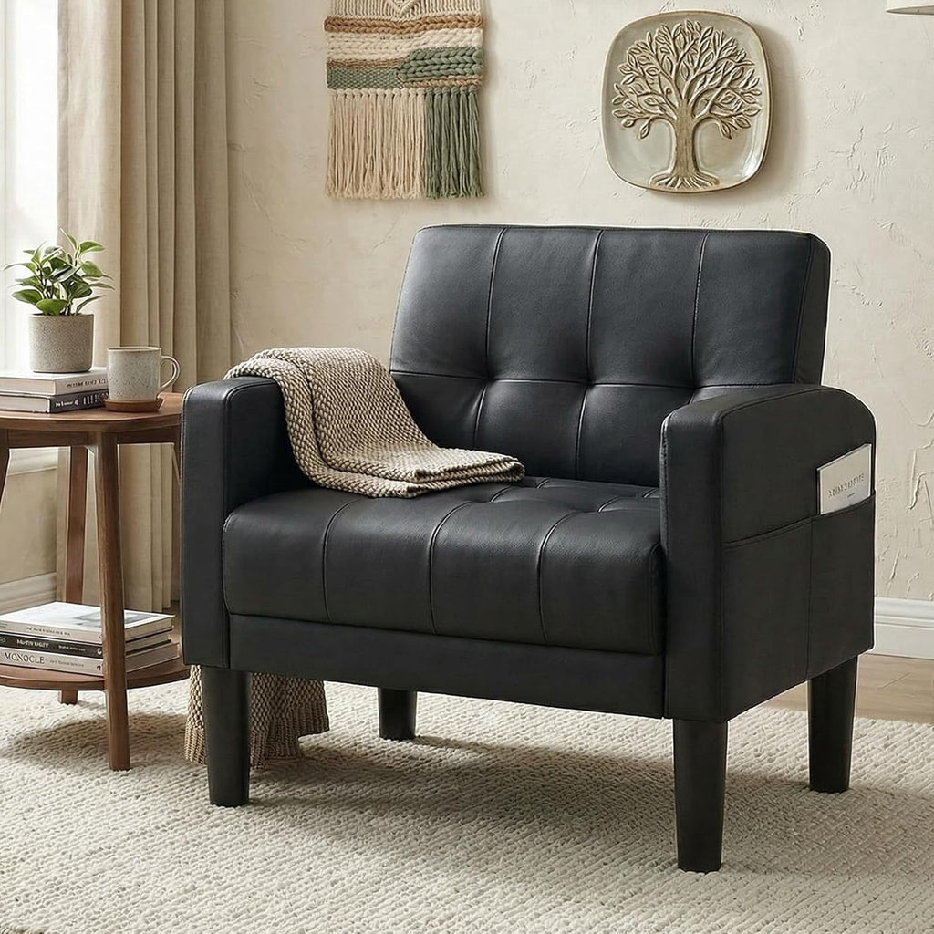 LAZZO Accent Chair, Comfy Single Leather Sofa Armchair with Side Pockets for Living Room and Office, Black