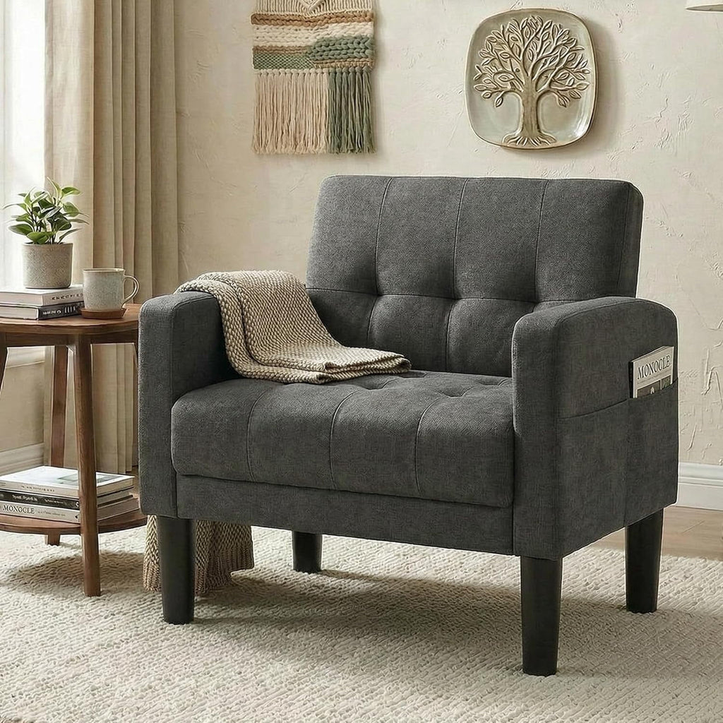 LAZZO Accent Chair, Comfy Single Fabric Sofa Armchair with Side Pockets for Living Room and Office, Dark Gray