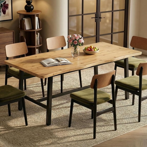 LAZZO 71" Farmhouse Dining Table for 6, Rectangular Wood Kitchen Table with Wavy Edge and Metal Legs for Dining Room, Oak