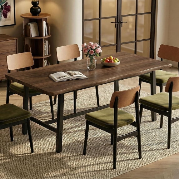 LAZZO 71" Farmhouse Dining Table for 6, Rectangular Wood Kitchen Table with Wavy Edge and Metal Legs for Dining Room, Walnut