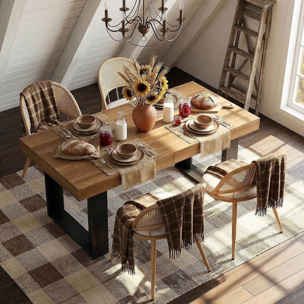 LAZZO 63"-79" Expandable Dining Set, 5-Piece Farmhouse Rectangular Wood Table with 4 Upholstered Chairs, Brown