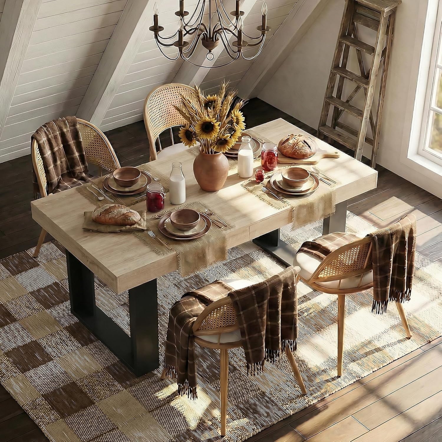 LAZZO 63"-79" Expandable Dining Set, 5-Piece Farmhouse Rectangular Wood Table with 4 Upholstered Chairs, Natural Wood