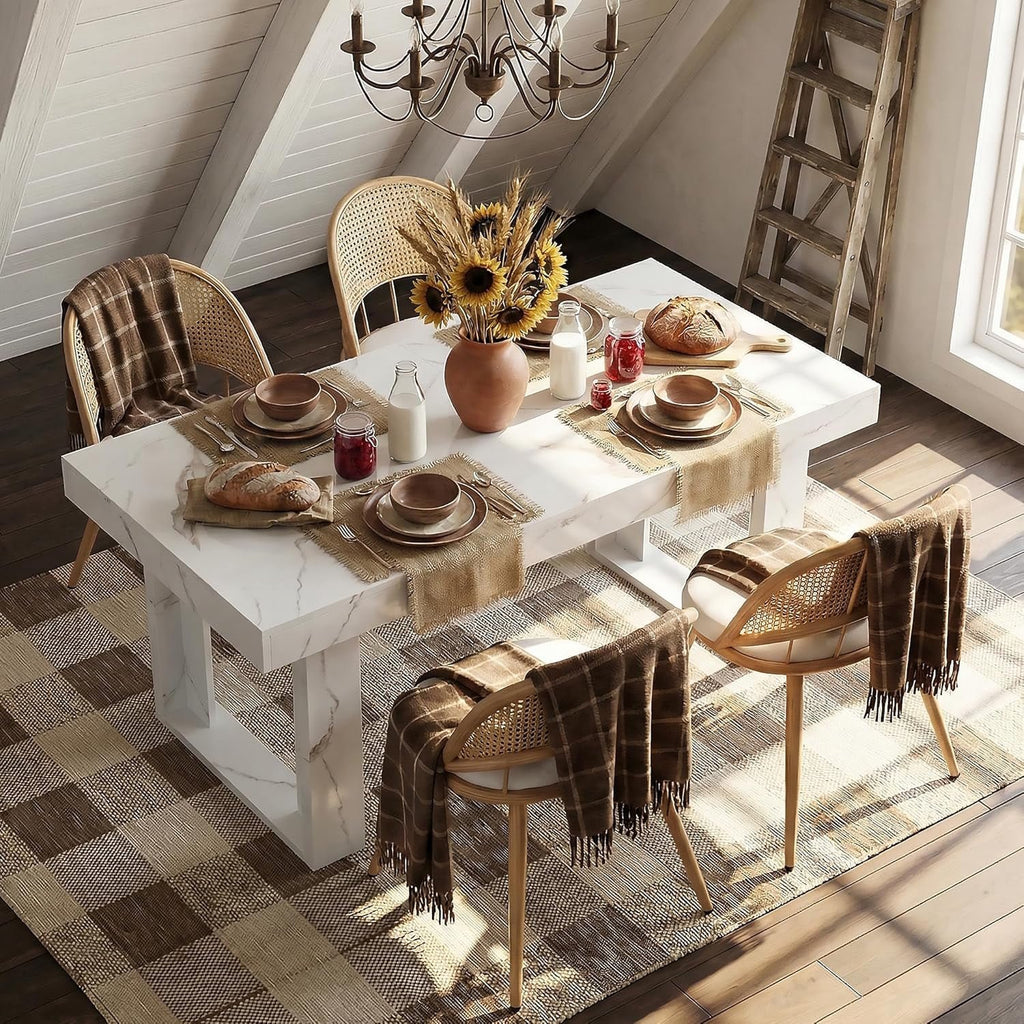 LAZZO 71"-87" Expandable Dining Set, 5-Piece Farmhouse Rectangular Wood Table with 4 Upholstered Chairs, White