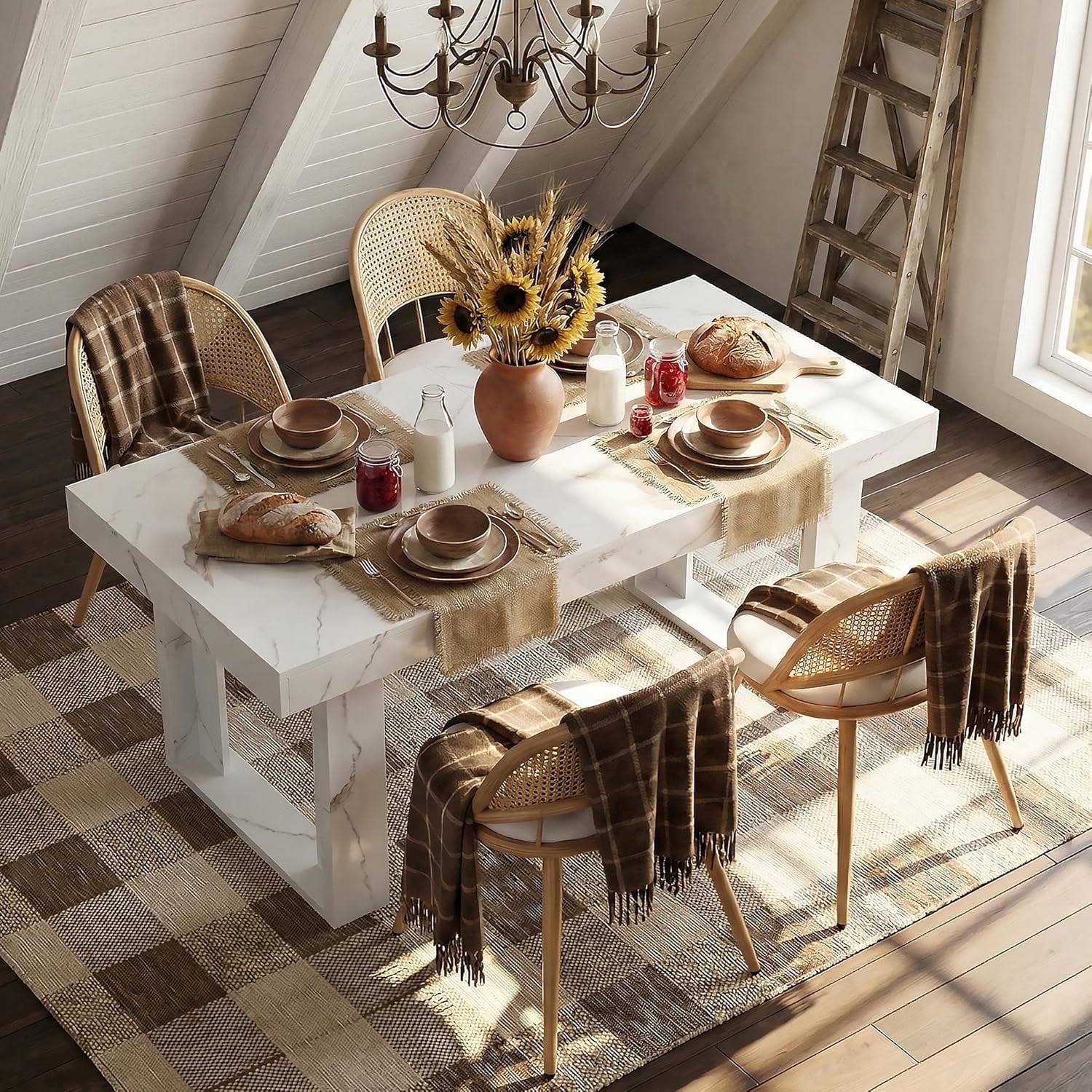 LAZZO 71"-87" Expandable Dining Set, 5-Piece Farmhouse Rectangular Wood Table with 4 Upholstered Chairs, White
