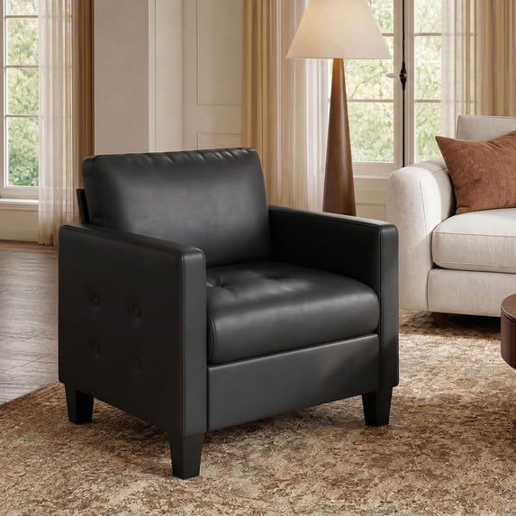 LAZZO Faux Leather Accent Chair, Mid-Century Modern Armchair with Tufted Seat and Armrests for Living Room and Office, Black