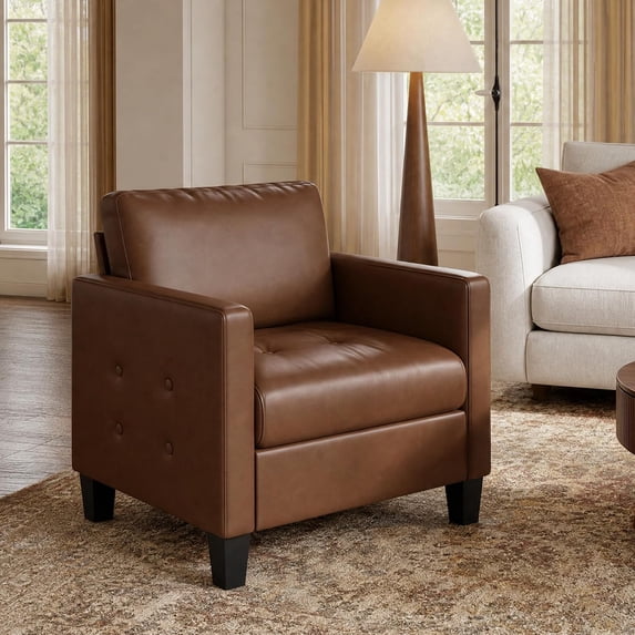 LAZZO Faux Leather Accent Chair, Mid-Century Modern Armchair with Tufted Seat and Armrests for Living Room and Office, Brown
