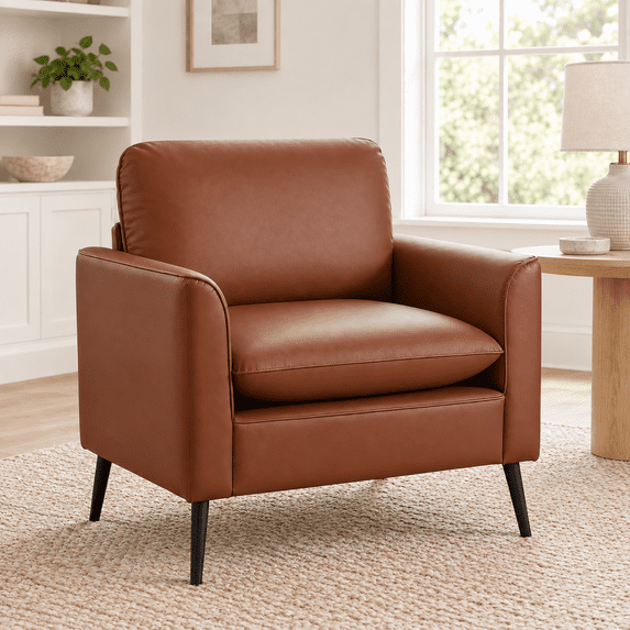 LAZZO Faux Leather Accent Chair, Mid-Century Modern Upholstered Armchair with Curved Armrests for Living Room and Office, Brown