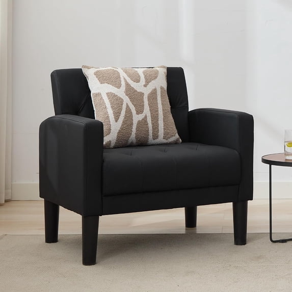 LAZZO Accent Chair, Mid-Century Modern Leather Tufted Armchairs for Living Room and Office, Black