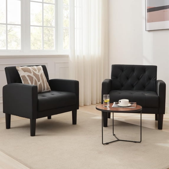 LAZZO Accent Chair Set of 2, Mid-Century Modern Leather Tufted Armchairs for Living Room and Office, Black