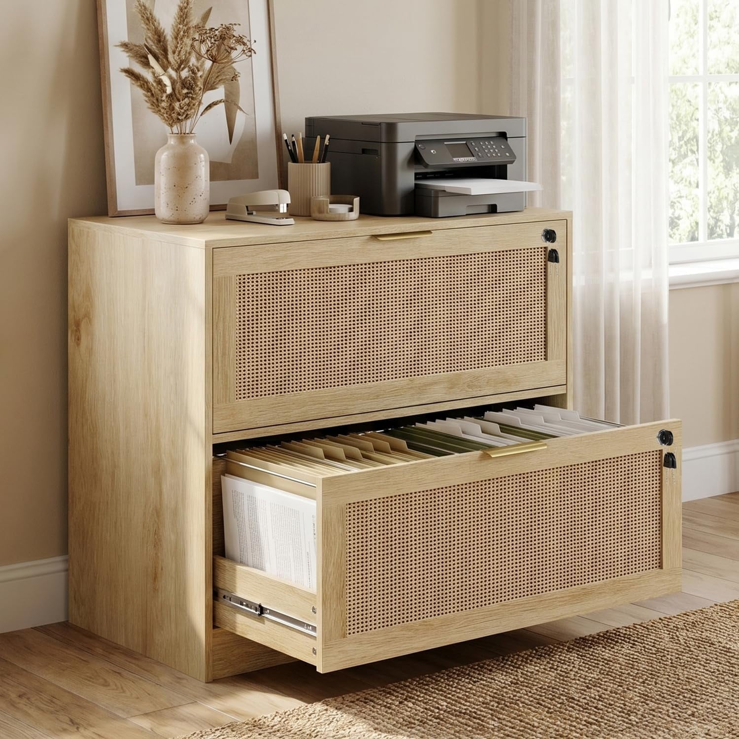 LAZZO 2-Drawer Lateral File Cabinet with Lock, Rattan-Front Wood Cabinet for Letter, Legal, A4 and F4 Files, Natural Wood Finish