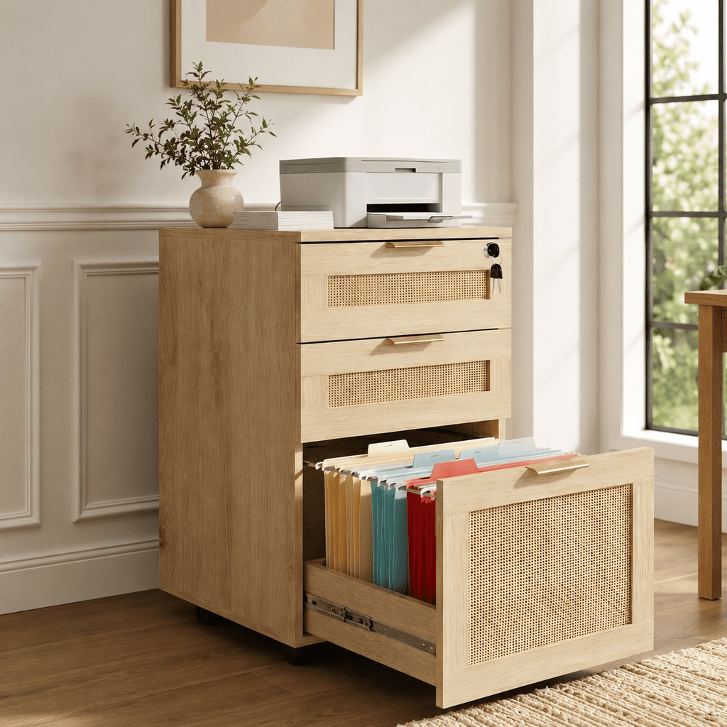 LAZZO 3-Drawer File Cabinet with Lock, Rolling Rattan Cabinet with Wheels for Home Office, Natural Wood