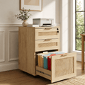 LAZZO 3-Drawer File Cabinet with Lock, Rolling Rattan Cabinet with Wheels for Home Office, Natural Wood