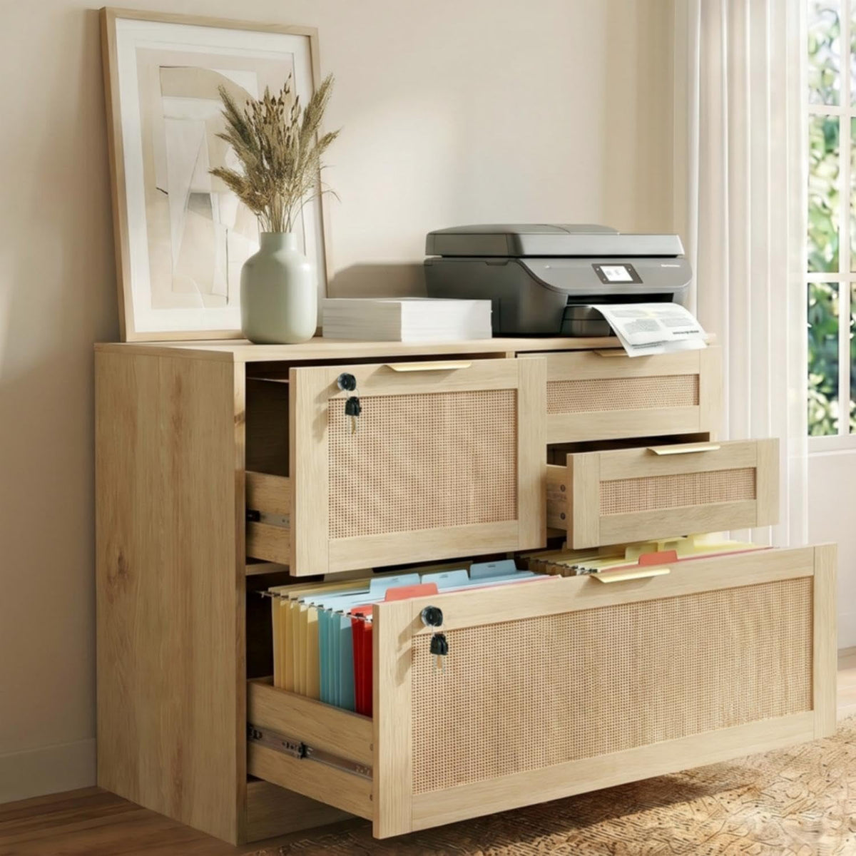 LAZZO File Cabinet with Lock, 4-Drawer Rattan-Front Wood Filing Cabinet for Letter, Legal, A4 and F4 Files, Natural Wood Finish