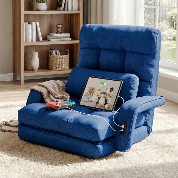 LAZZO Floor Gaming Chair with USB Charging Ports, Folding Lounge Chair with Armrests and 5-Position Adjustable Backrest, Blue