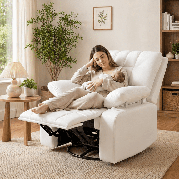 LAZZO Recliner Chair with Adjustable Armrest, Upholstered Swivel Rocking Chair for Nursery & Living Room, White