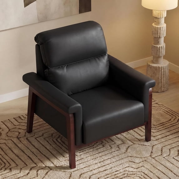LAZZO Faux Leather Accent Chair, High Back Upholstered Armchair with Padded Arms and Solid Wood Legs for Living Room and Bedroom, Black