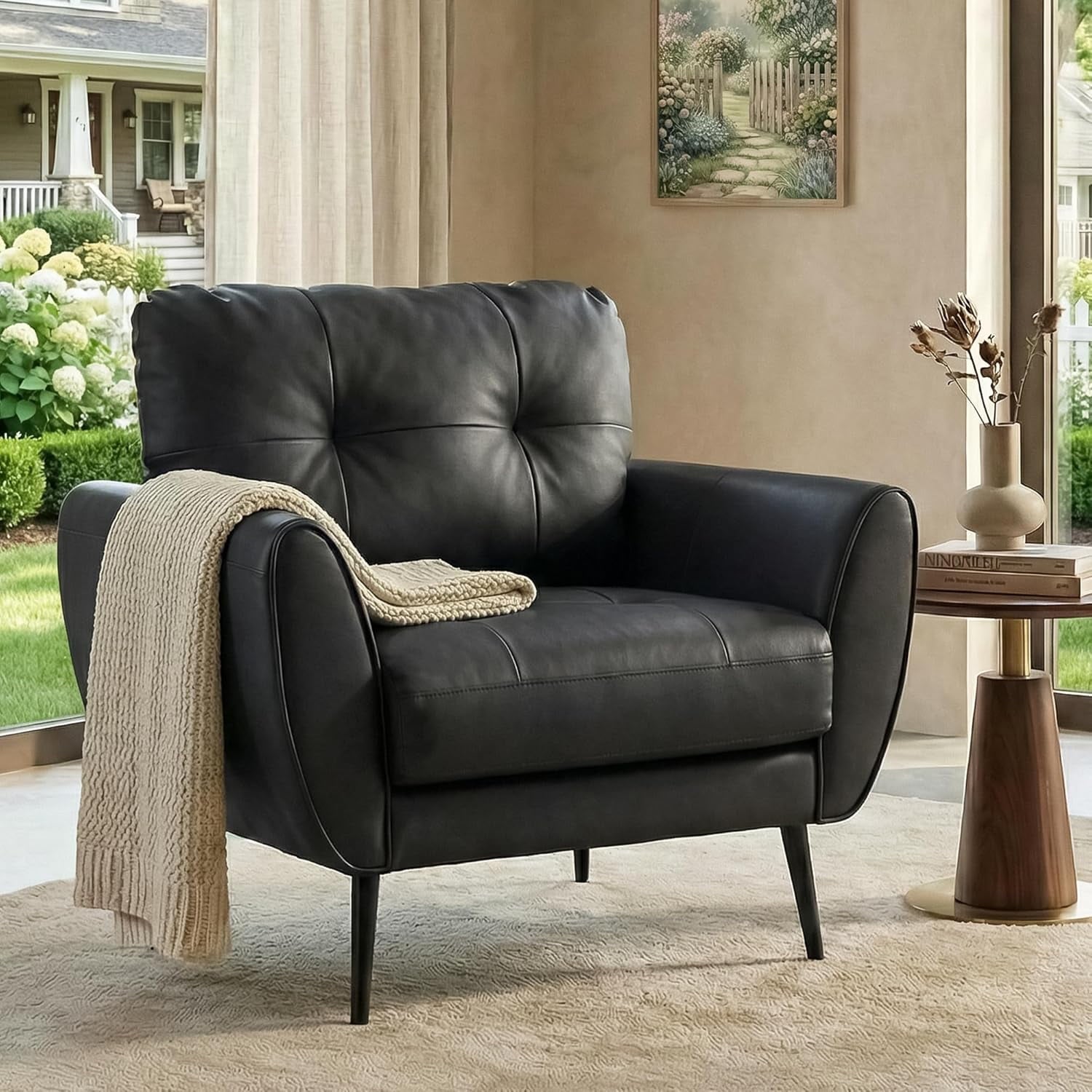 LAZZO Tufted Leather Accent Chair, Mid-Century Modern Upholstered Armchair for Living Room and Bedroom, Black