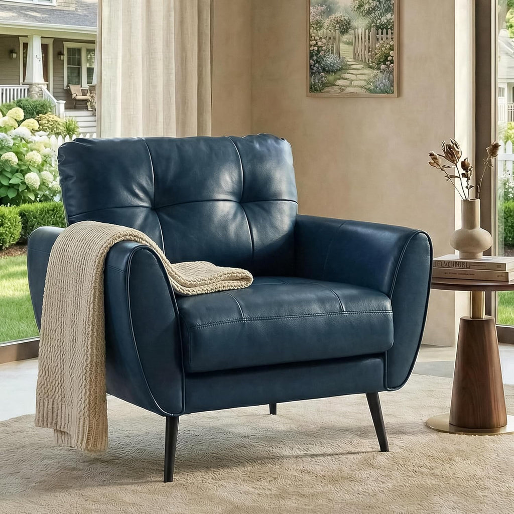 LAZZO Tufted Leather Accent Chair, Mid-Century Modern Upholstered Armchair for Living Room and Bedroom, Blue