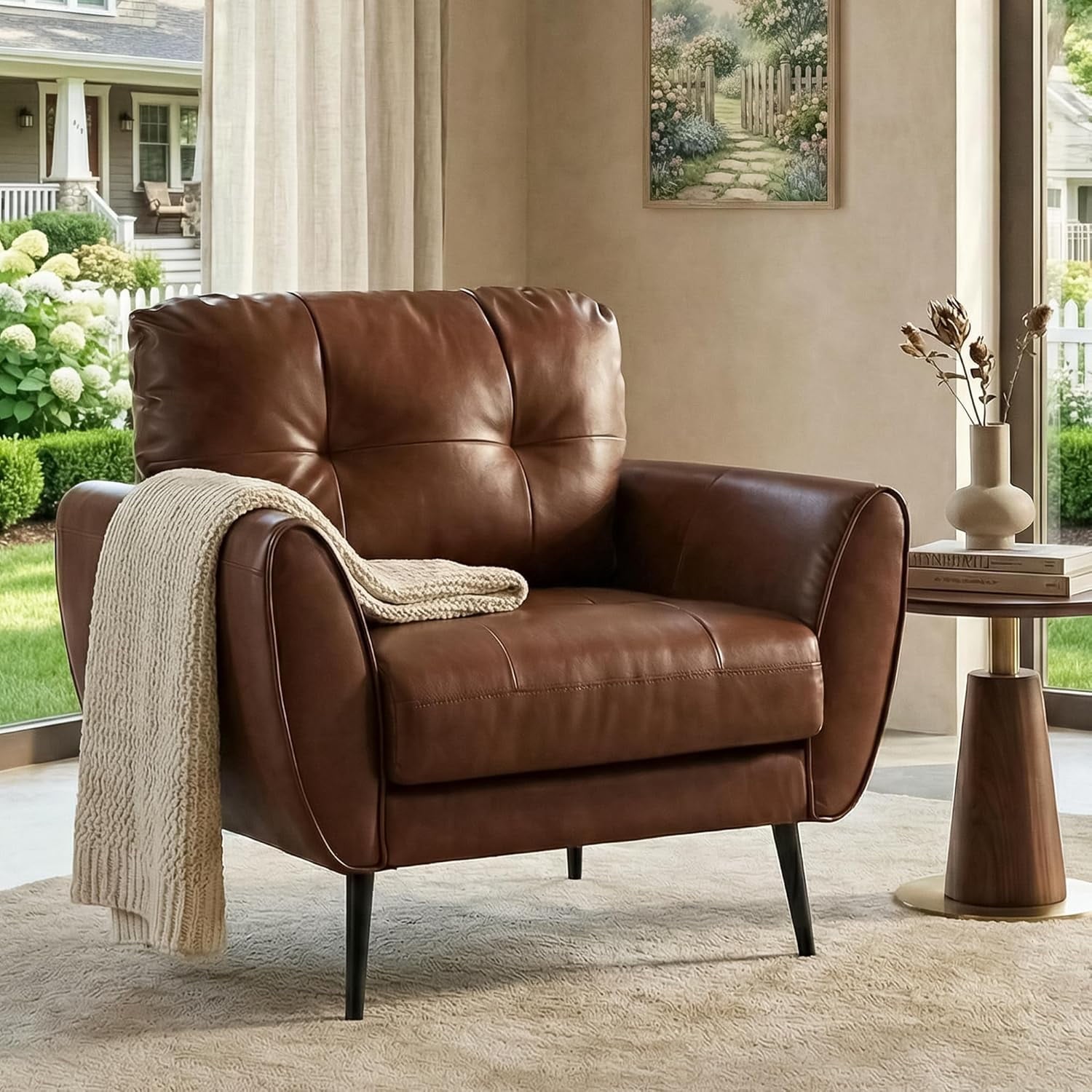 LAZZO Tufted Leather Accent Chair, Mid-Century Modern Upholstered Armchair for Living Room and Bedroom, Brown