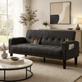 LAZZO 62" Loveseat, Mid-Century Modern Linen Upholstered Tufted Couch with USB Charging Ports and Cupholders, Dark Gray