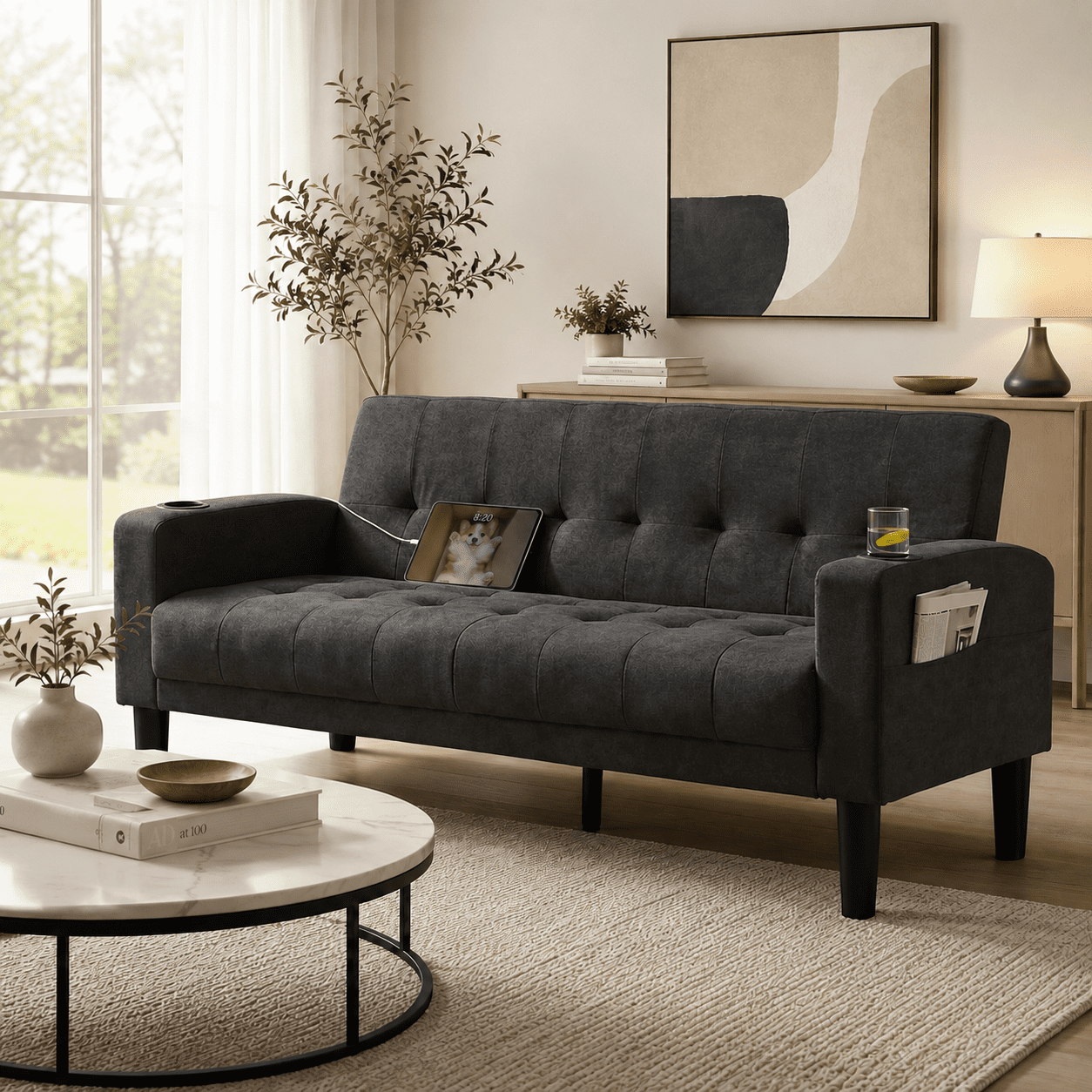 LAZZO 62" Loveseat, Mid-Century Modern Linen Upholstered Tufted Couch with USB Charging Ports and Cupholders, Dark Gray