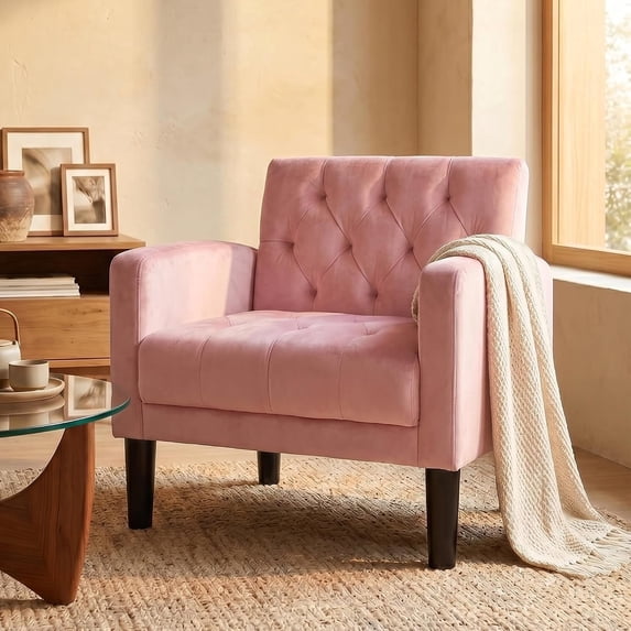 LAZZO Accent Chair, Mid-Century Modern Velvet Tufted Armchairs for Living Room and Office, Pink