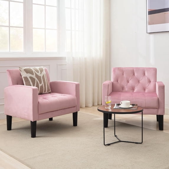 LAZZO Accent Chair Set of 2, Mid-Century Modern Velvet Tufted Armchairs for Living Room and Office, Pink
