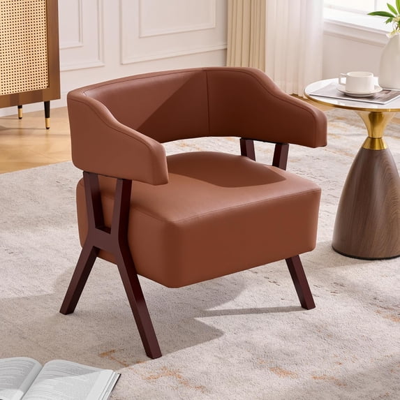 LAZZO Mid-Century Modern Faux Leather Accent Chair with Curved Back and Solid Wood Frame for Living Room and Bedroom, Brown