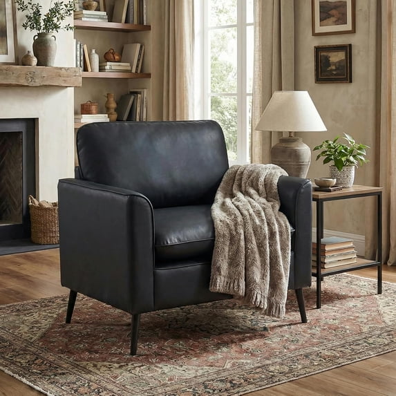 LAZZO Faux Leather Accent Chair, Comfy Armchair for Reading Living Room Bedroom and Office, Black