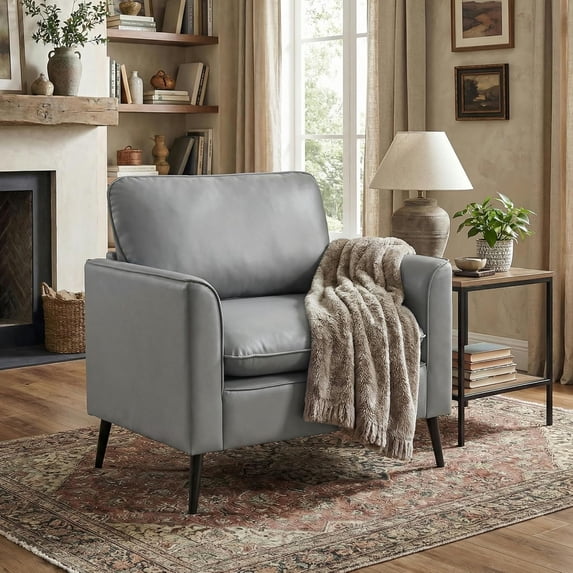 LAZZO Faux Leather Accent Chair, Comfy Armchair for Reading Living Room Bedroom and Office, Gray