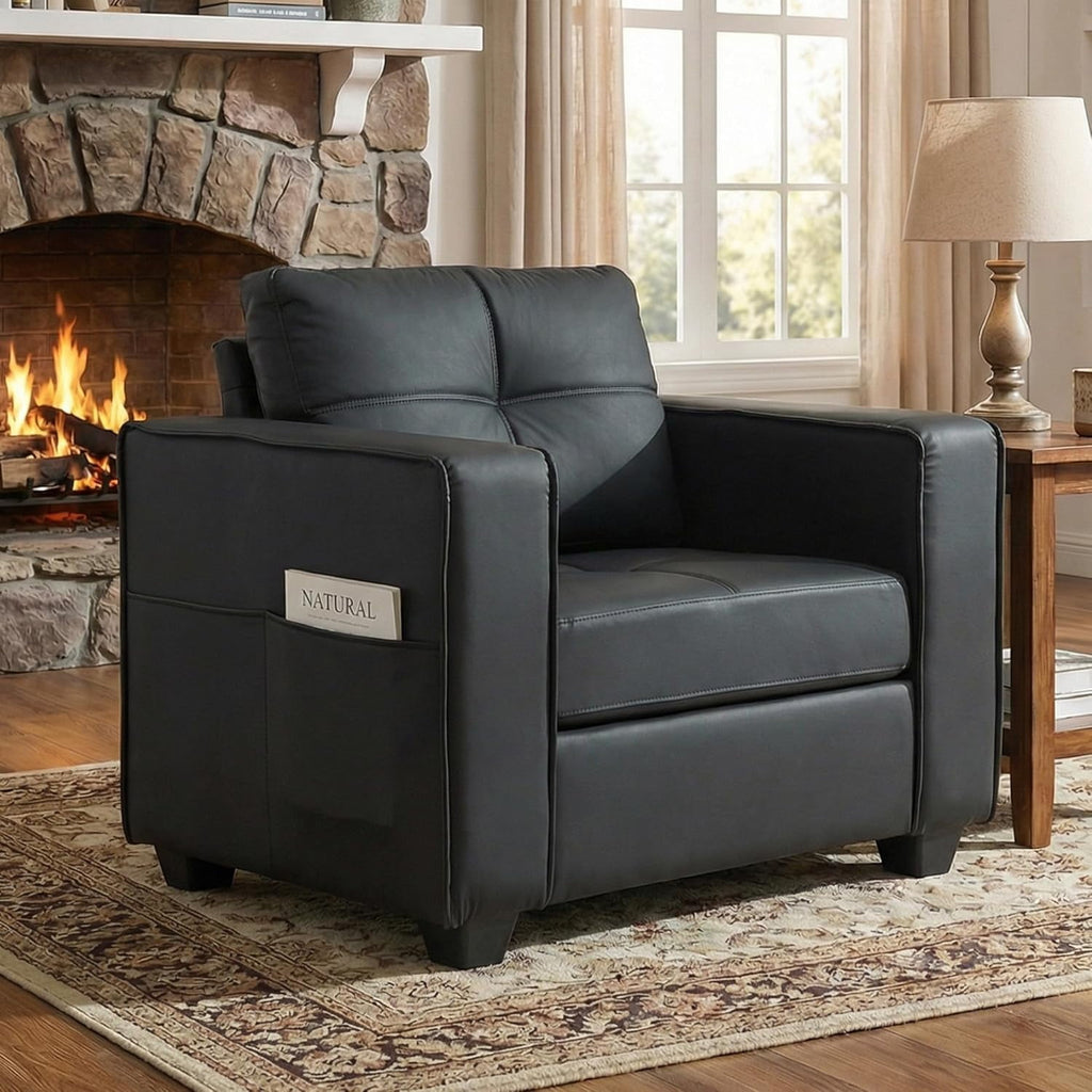LAZZO Mid-Century Modern Tufted Accent Chair, Oversized Comfy Faux Leather Armchair with Wide Arms for Living Room Bedroom Office Lobby, Black